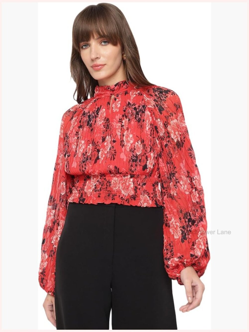 Long Sleeve Pleated Mock Neck Blouse with Elastic Cuffs